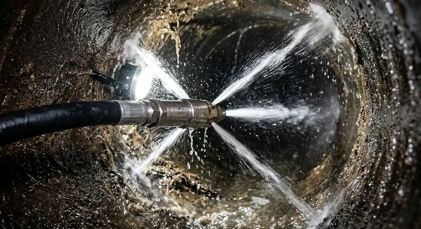 High-pressure hydro jetting nozzle cleaning sewer pipe for Trenchless Sewer Repair in Arlington