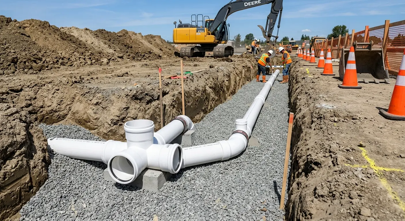 New PVC sewer pipe installation in open trench for Commercial Drain Cleaning in Arlington