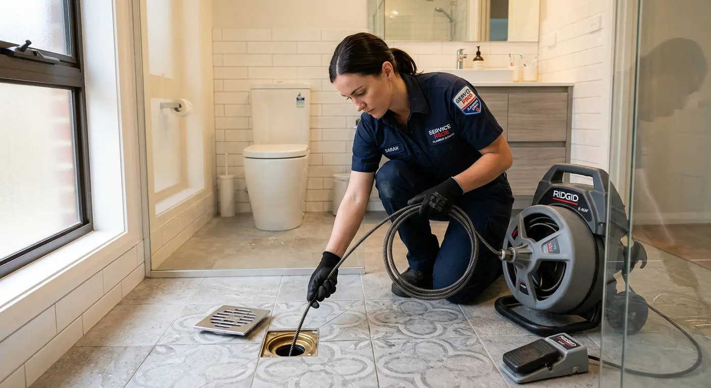 Technician clearing a bathroom floor drain for Clogged Drain Repair in Arlington